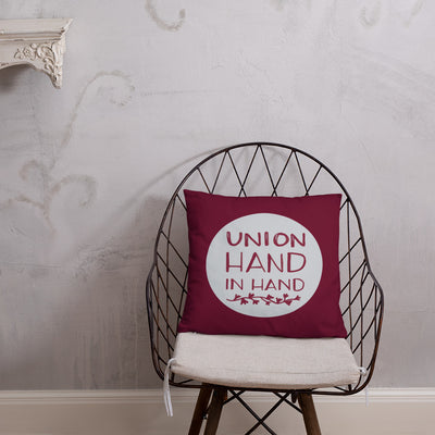 Alpha Phi Union Hand in Hand Pillow, Bordeaux on chair