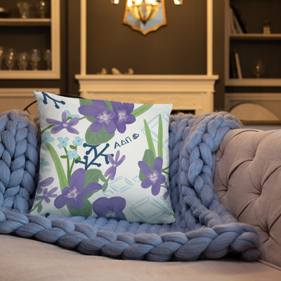 Alpha Delta Pi Violet Sorority Pillow shown on couch