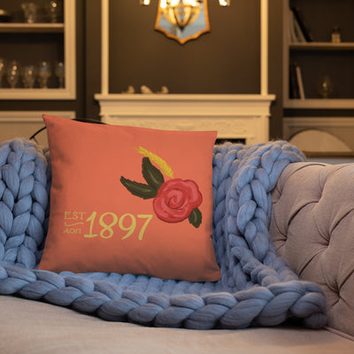 Alpha Omicron Pi 1897 Founding Date Pillow shown on couch