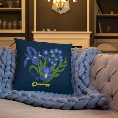 Kappa Kappa Gamma Fleur de Key Pillow, Navy Blue shown on couch
