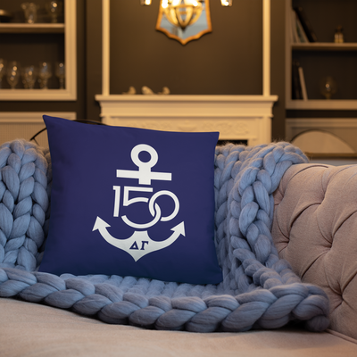 Delta Gamma Navy White 150th Anniv Two-Sided Pillow shown on couch