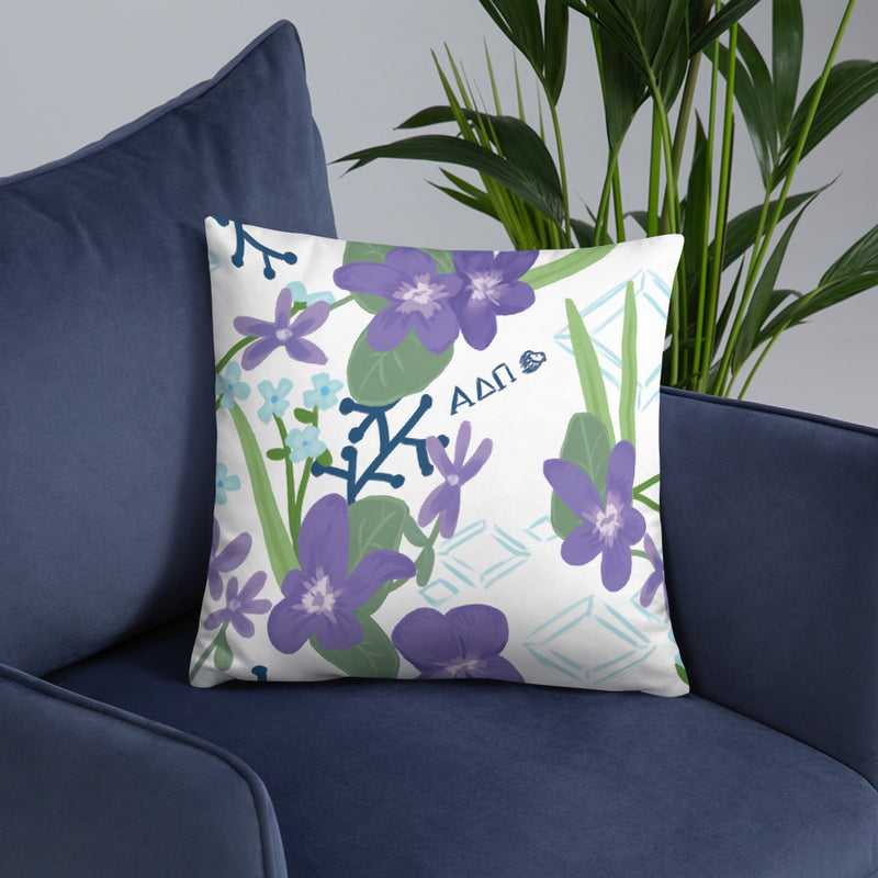 Alpha Delta Pi Violet Sorority Pillow shown on blue chair