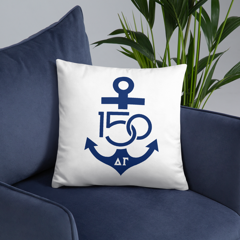 Delta Gamma Navy 150th Anniversary Design, Reversible Pillow in white with Navy blue logo