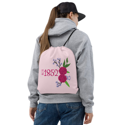 Phi Mu Carnation Design Pink Drawstring Bag on model