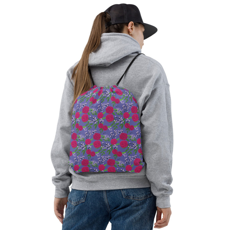 Phi Mu Carnation Floral Print Purple Drawstring Bag on model