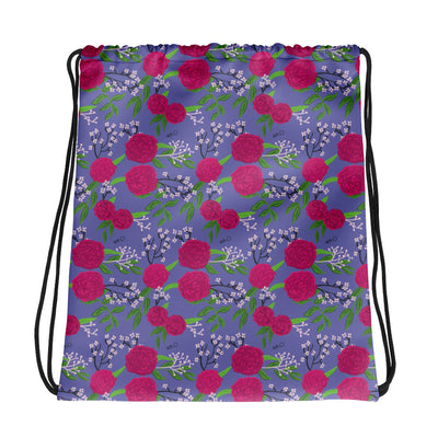 Phi Mu Carnation Floral Print Purple Drawstring Bag shown flat