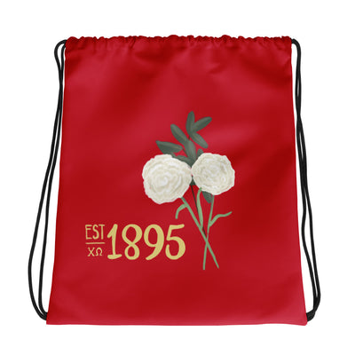 Chi Omega 1895 Founding Date Drawstring Bag shown flat