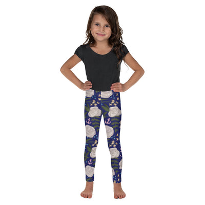 Delta Gamma Rose Floral Print Navy Blue Kid's Leggings showingn front view on child