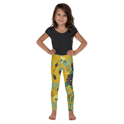 Kappa Alpha Theta Pansy Floral Print Kid's Leggings, Gold in front view on model