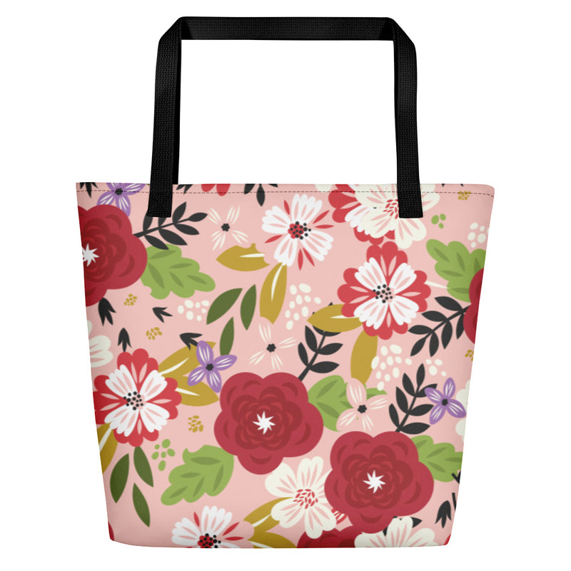 Back of Alpha Chi Omega Modern Floral Print Tote Bag in Hera Pink with Monogram