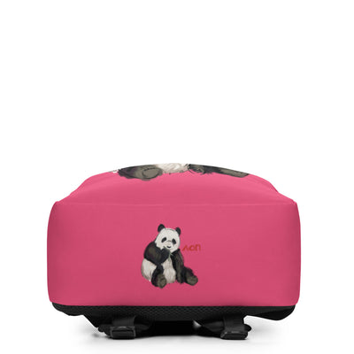 Bottom of AOII Panda mascot backpack in Ambitious Pink brand color and AOII Greek letters in red.