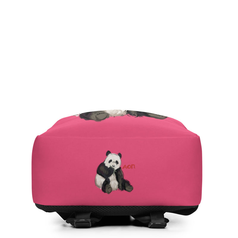 Bottom of AOII Panda mascot backpack in Ambitious Pink brand color and AOII Greek letters in red.