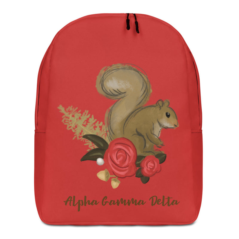 Alpha Gamma Delta Squirrel Red Backpack shown in full view in front