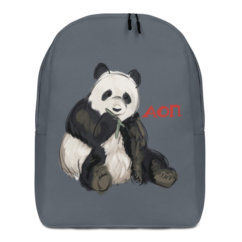 Alpha Omicron Pi Panda Gray Backpack showing front of bag