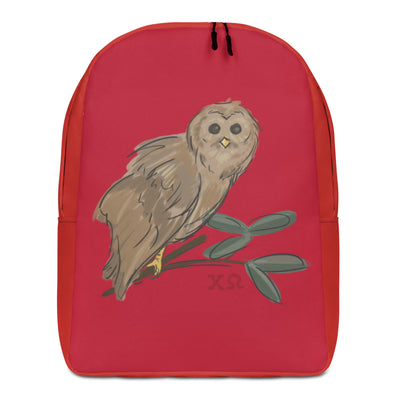 Chi Omega Owl Mascot Red Backpack showing front of bag