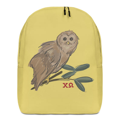 Chi Omega Owl Mascot Gold Backpack showing front of backpack