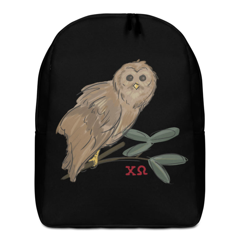 Chi Omega Owl Mascot Black Backpack showing frot of bag