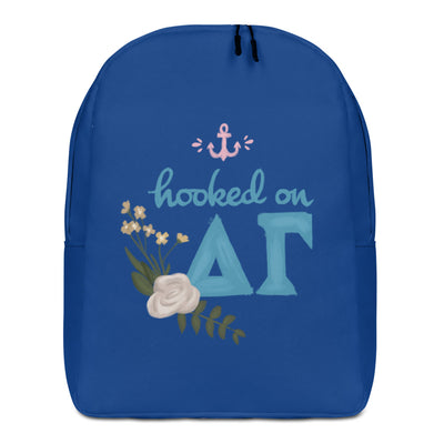 Delta Gamma Hooked on DG Navy Blue Backpack showing hand drawn design