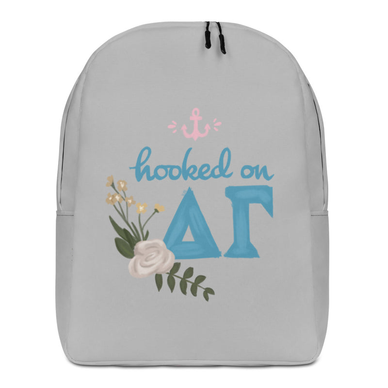 Delta Gamma "Hooked on DG" Gray backpack showing hand drawn design on front