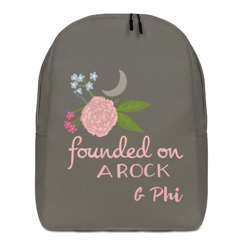Gamma Phi Beta Founded on a Rock Brown Backpack showing front of bag