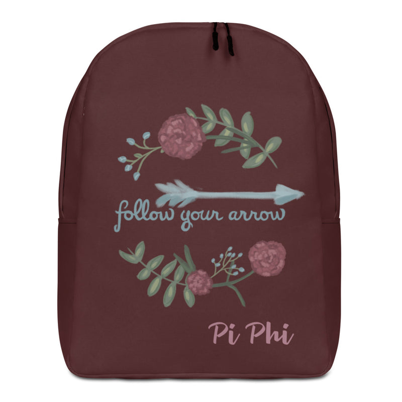 Pi Beta Phi Follow Your Arrow Burgundy Backpack showing hand drawn design