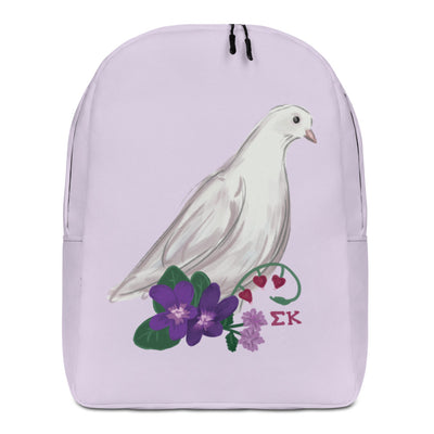 Sigma Kappa Dove Mascot Lavender Backpack showing hand drawn design