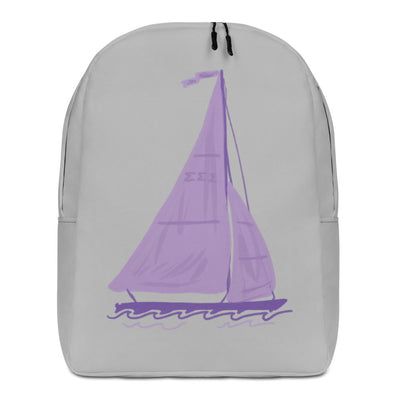 Tri Sigma Sailboat Mascot Gray Backpack showing hand drawn design