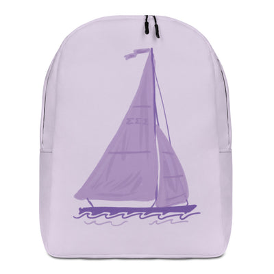 Tri Sigma Sailboat Mascot Lavender Backpack showing hand drawn design