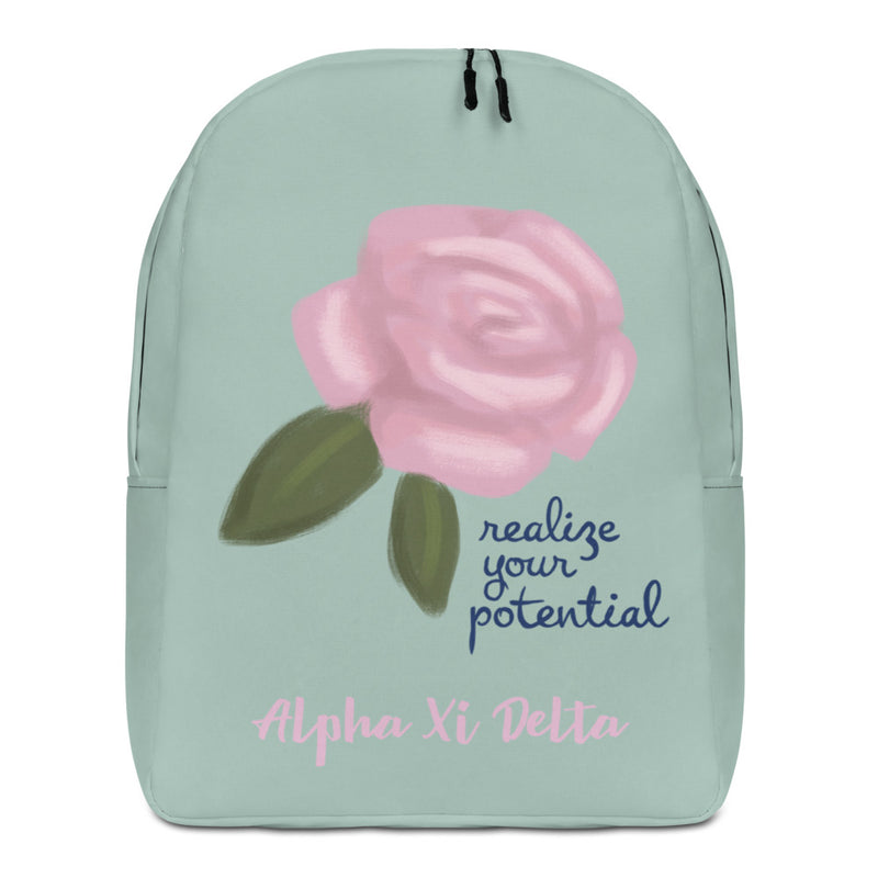 Alpha Xi Delta Realize Your Potential Green Backpack in front view