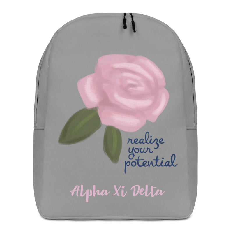 Alpha Xi Delta Realize Your Potential Gray Backpack showing front of bag