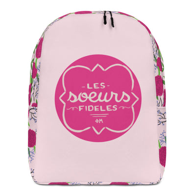 Pink Phi Mu motto backpack in light pink