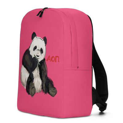 Side view of AOII Panda mascot backpack in Ambitious Pink brand color and AOII Greek letters in red.