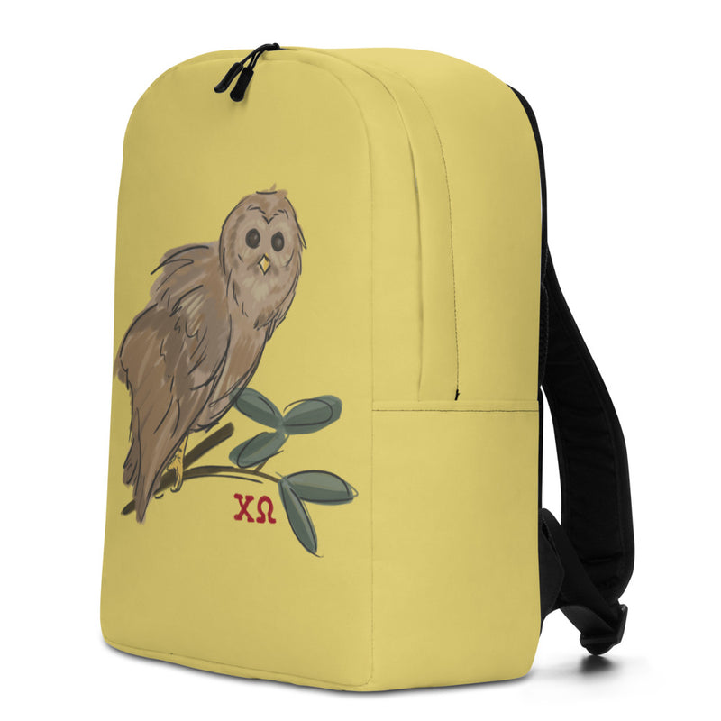 Chi Omega Owl Mascot Gold Backpack showing side of bag