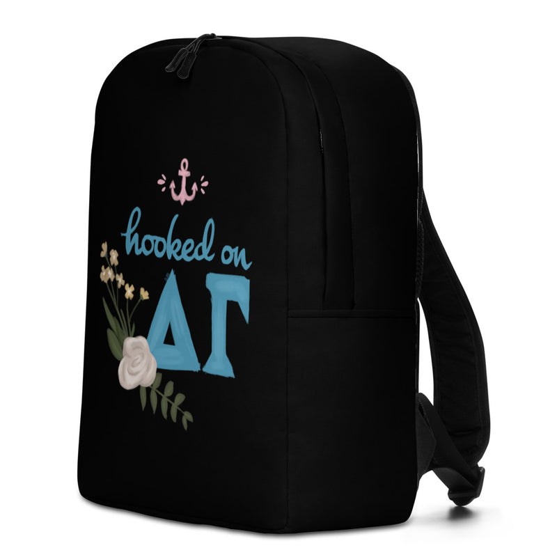 Side view of Delta Gamma "Hooked on DG" Black backpack