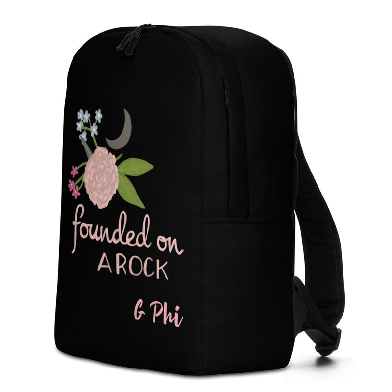 Gamma Phi Beta Founded on a Rock Black Backpack showing side of bag