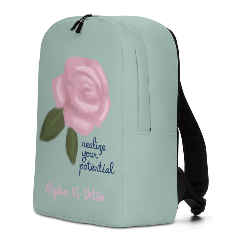 Alpha Xi Delta Realize Your Potential Green Backpack in side view