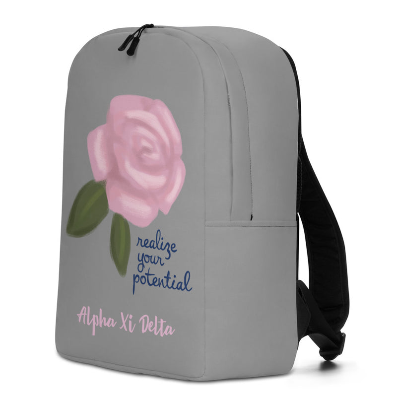 Alpha Xi Delta Realize Your Potential Gray Backpack showing side of bag