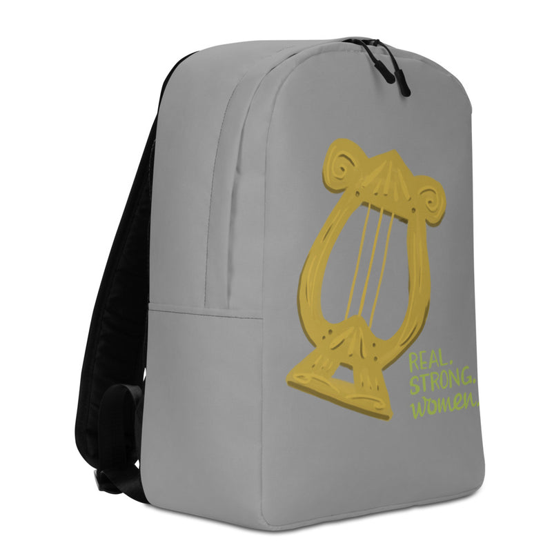 Alpha Chi Omega Real. Strong. Women Gray Backpack in left side view 
