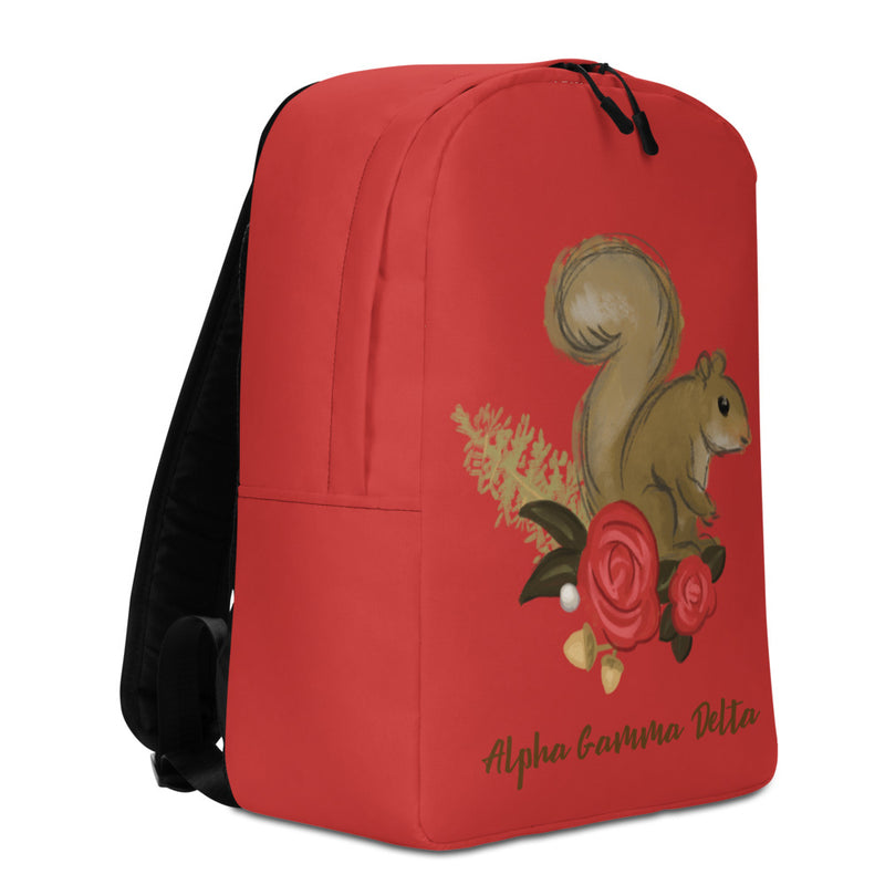 Alpha Gamma Delta Squirrel Red Backpack shown in left side view