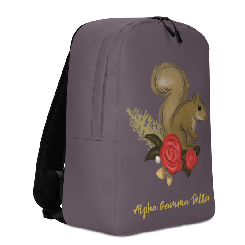 Alpha Gamma Delta Squirrel Gray Backpack shown in left side view 