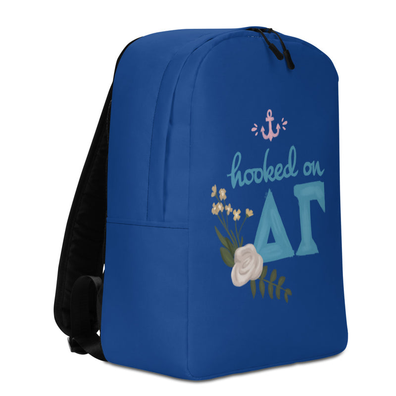 Delta Gamma Hooked on DG Navy Blue Backpack showing left side view