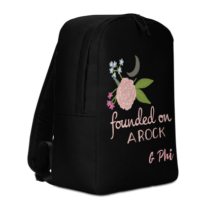 Gamma Phi Beta Founded on a Rock Black Backpack showing left side of bag