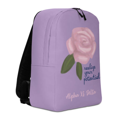 Alpha Xi Delta Realize Your Potential Purple Backpack in left side view