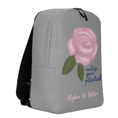 Alpha Xi Delta Realize Your Potential Gray Backpack showing side of bag and straps