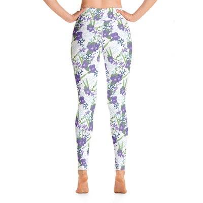 Alpha Delta Pi Woodland Violet Floral Print Yoga Leggings, White in rear view