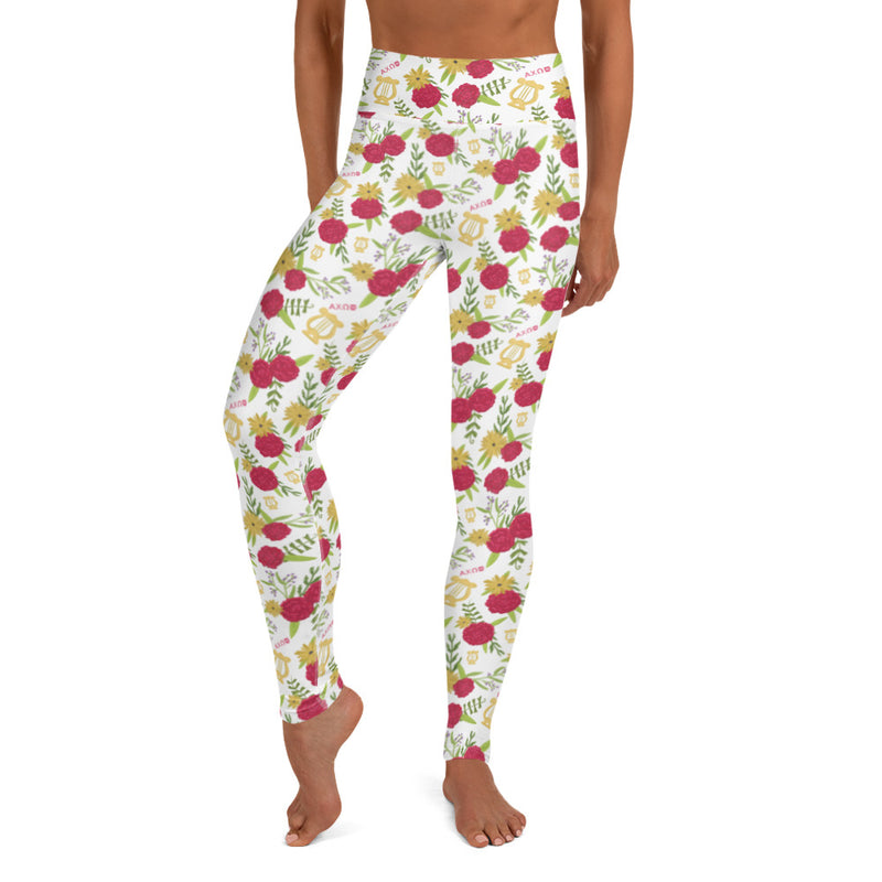Alpha Chi Omega Yoga Leggings in Red Carnation Floral Print, White shown on woman with bare feet