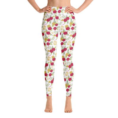 Alpha Chi Omega Yoga Leggings in Red Carnation Floral Print, White shown on woman's legs standing on toes