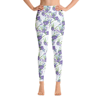 Alpha Delta Pi Woodland Violet Floral Print Yoga Leggings, White in front view