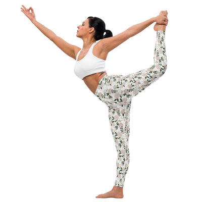 Delta Gamma Rose Floral Print Yoga Leggings, White shown in yoga pose