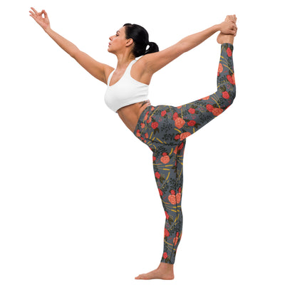 Alpha Omicron Pi Floral Print Yoga Leggings, Gray on model doing yoga